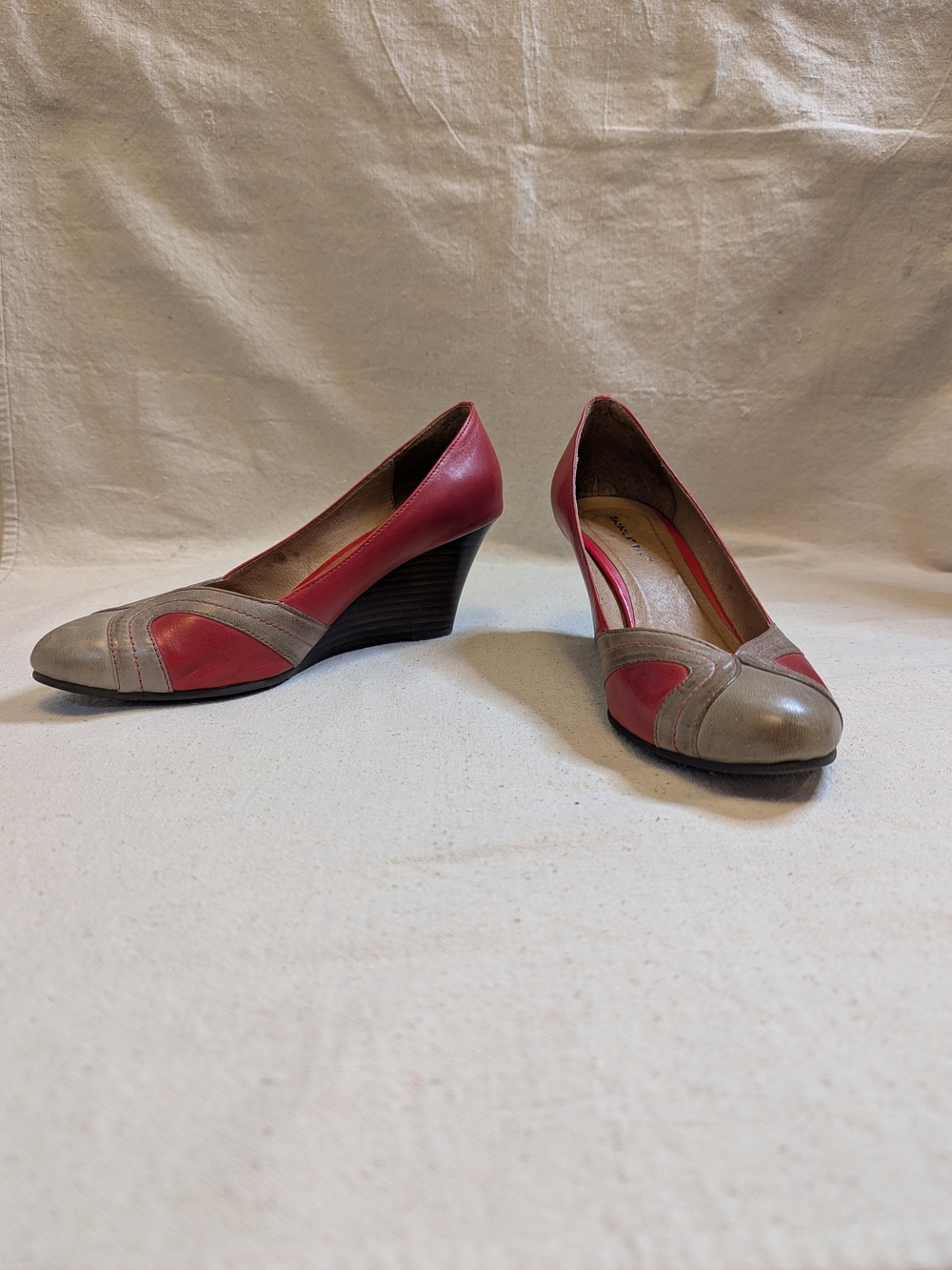 Chocolat Blu Red and Taupe Leather Wedge Pumps